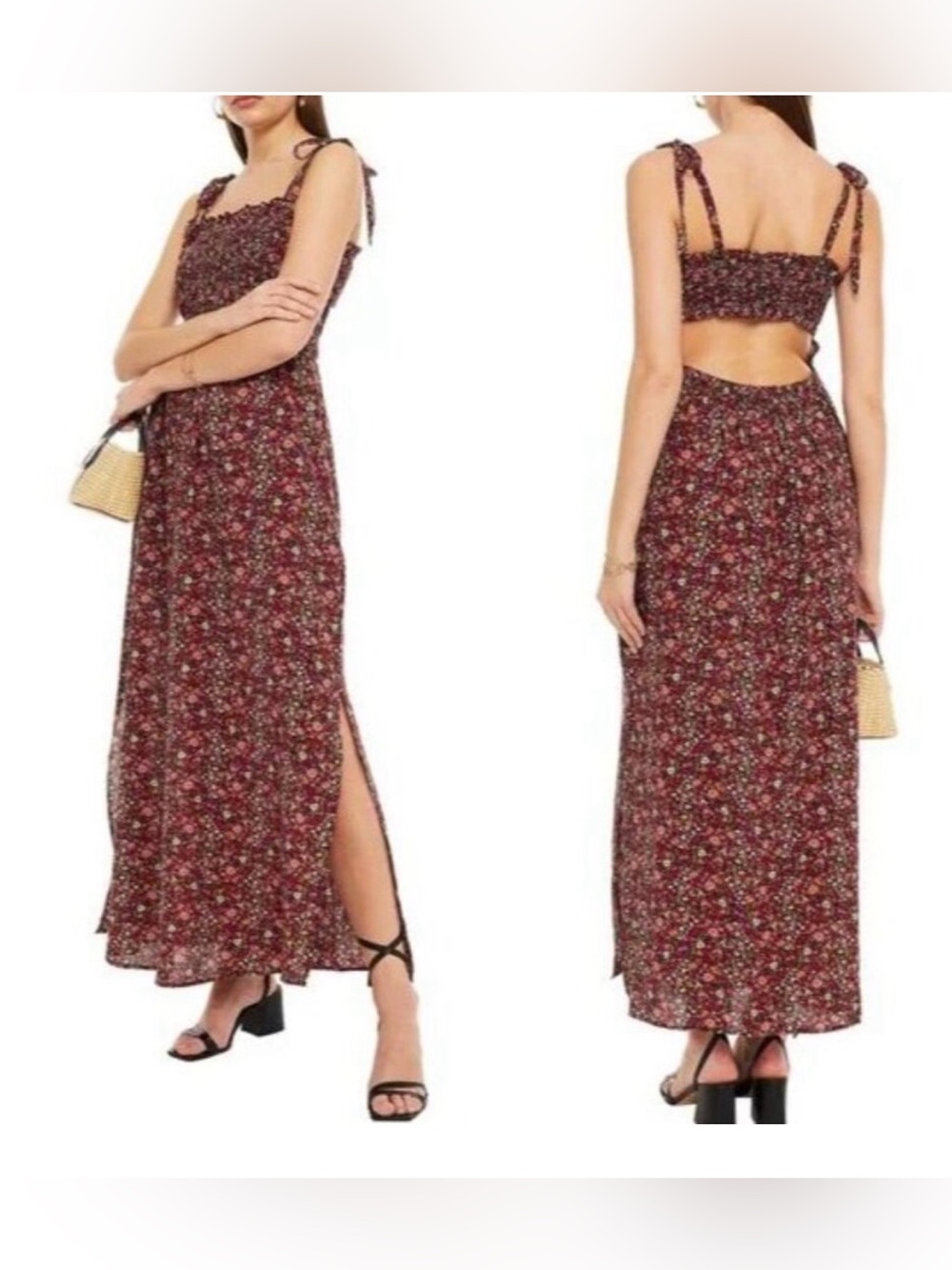 NWT BA&SH SOFIA BLACK/BURGUNDY SMOCKED MAXI DRESS SIZE US 6